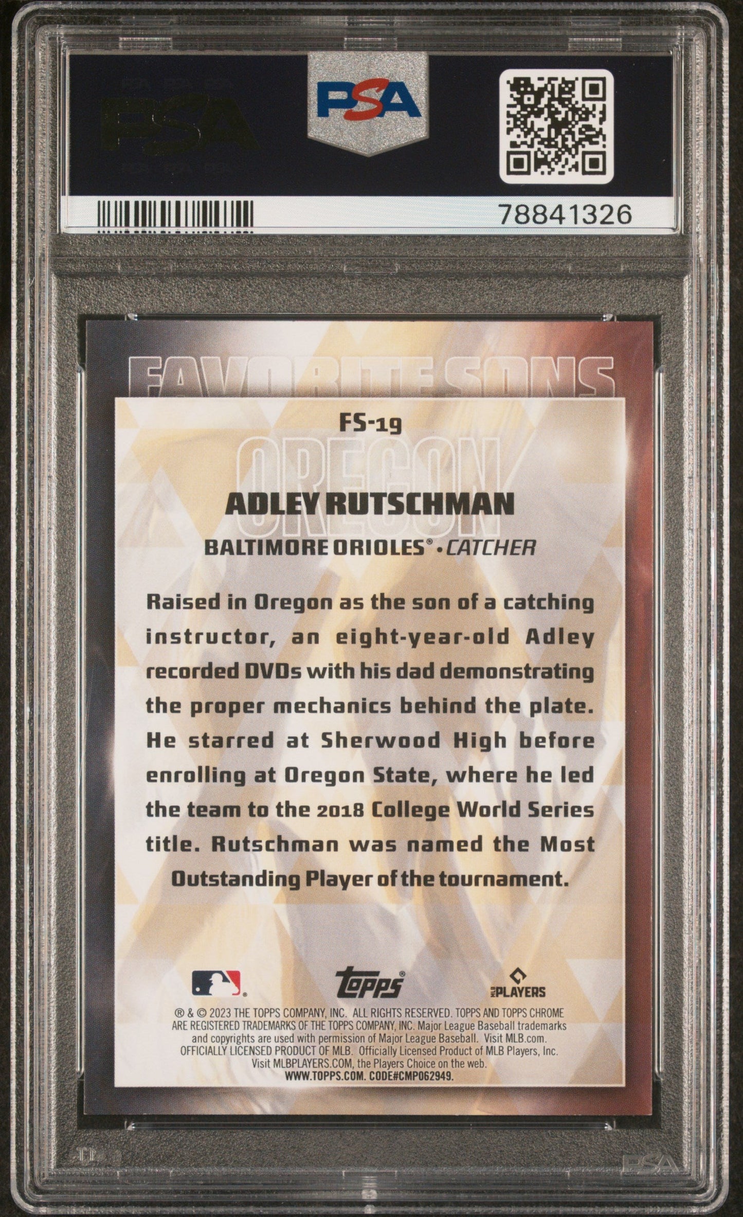 Graded 2023 Topps Adley Rutschman #FS19 Favorite Sons Rookie RC Baseball Card PSA 10 Gem Mint