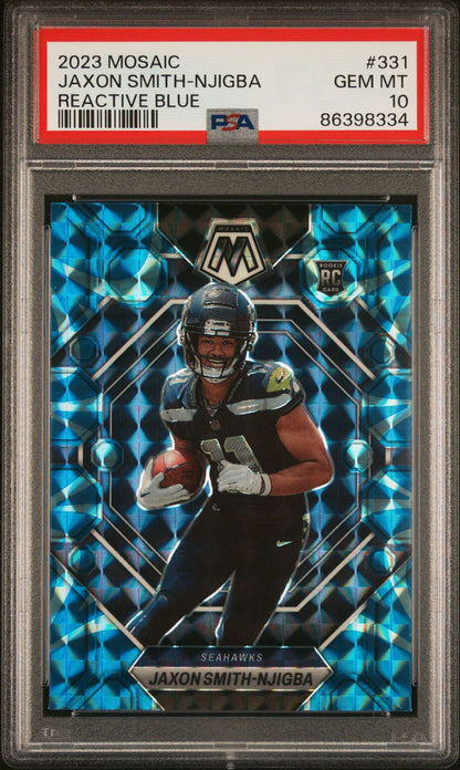 Graded 2023 Panini Mosaic Jaxon Smith-Njigba #331 Reactive Blue Rookie RC Football Card PSA 10 Gem Mint