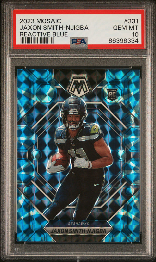 Graded 2023 Panini Mosaic Jaxon Smith-Njigba #331 Reactive Blue Rookie RC Football Card PSA 10 Gem Mint