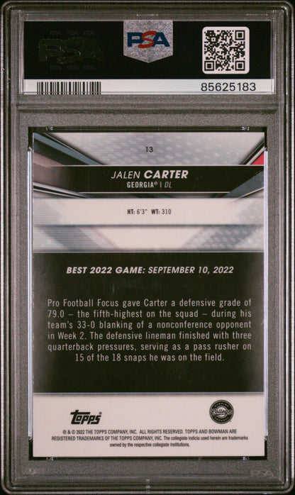 Graded 2022 Topps Bowman Best University Jalen Carter #13 Rookie RC Football Card PSA 10