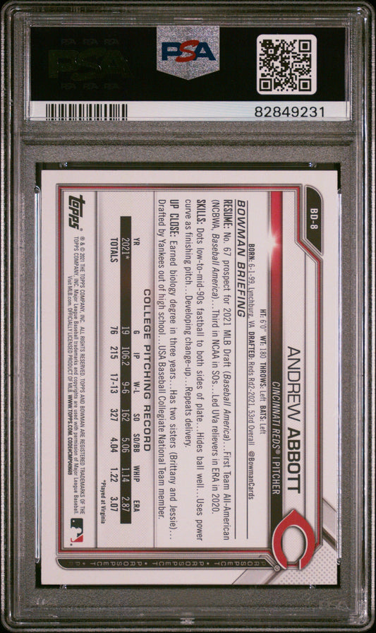 Graded 2021 Topps Bowman Draft Andrew Abbott #BD8 Rookie RC Baseball Card PSA 10 Gem Mint