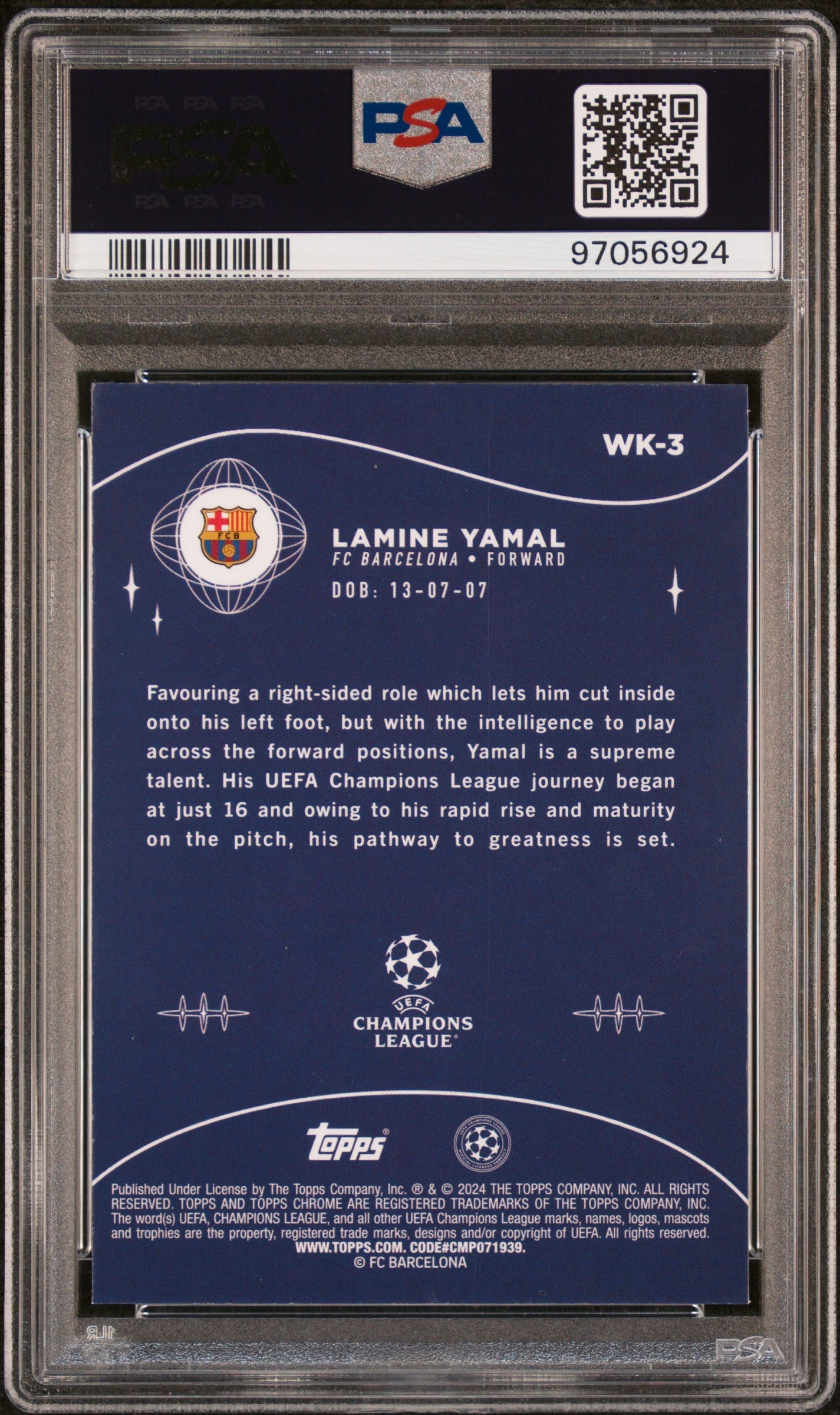 Graded 2023 Topps Chrome UCC Lamine Yamal #WK3 Wonderkids Rookie RC Soccer Card PSA 10 Gem Mint