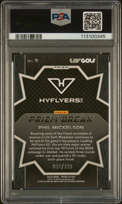Graded 2024 Panini Prizm LIV Golf Phil Mickelson #5 Prizm Break Teal Prizm /199 Rookie RC Card PSA 10 Gem Mint