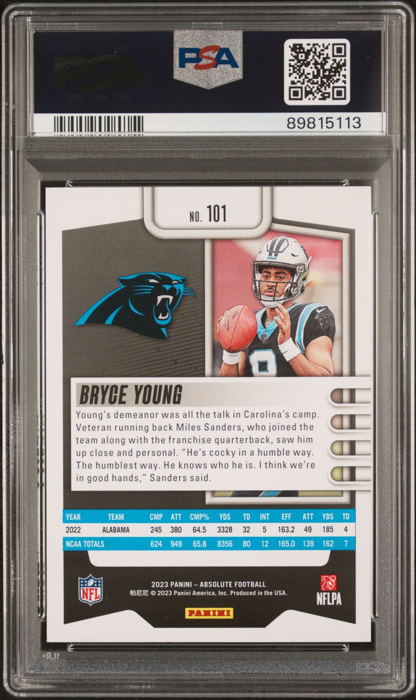 Graded 2023 Panini Absolute Bryce Young #101 Rookie RC Football Card PSA 10 Gem Mint