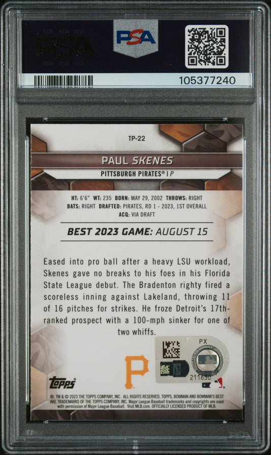 Graded 2023 Topps Bowmans Best Paul Skenes #TP22 Rookie RC Baseball Card PSA Authentic Auto