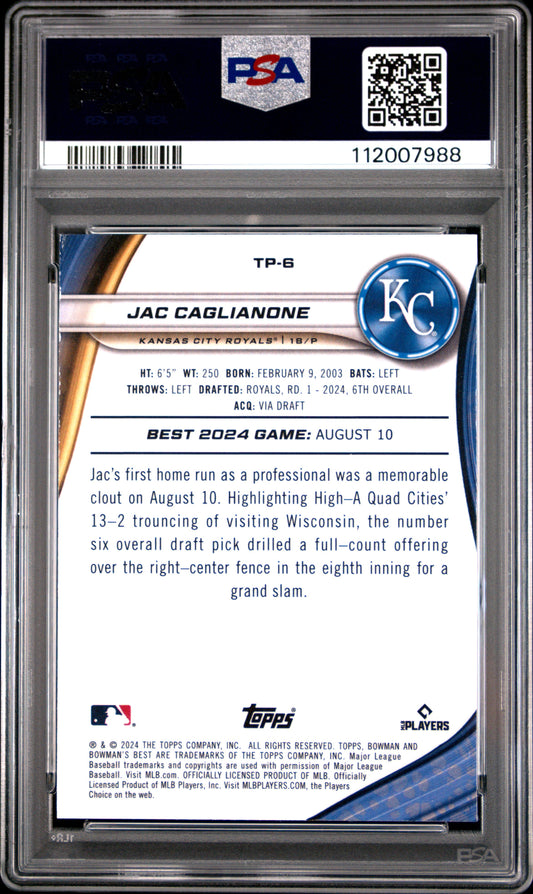 Graded 2024 Topps Bowmans Best Jac Caglianone #TP6 Top Prospects Wave Rookie RC Baseball Card PSA 10 Gem Mint
