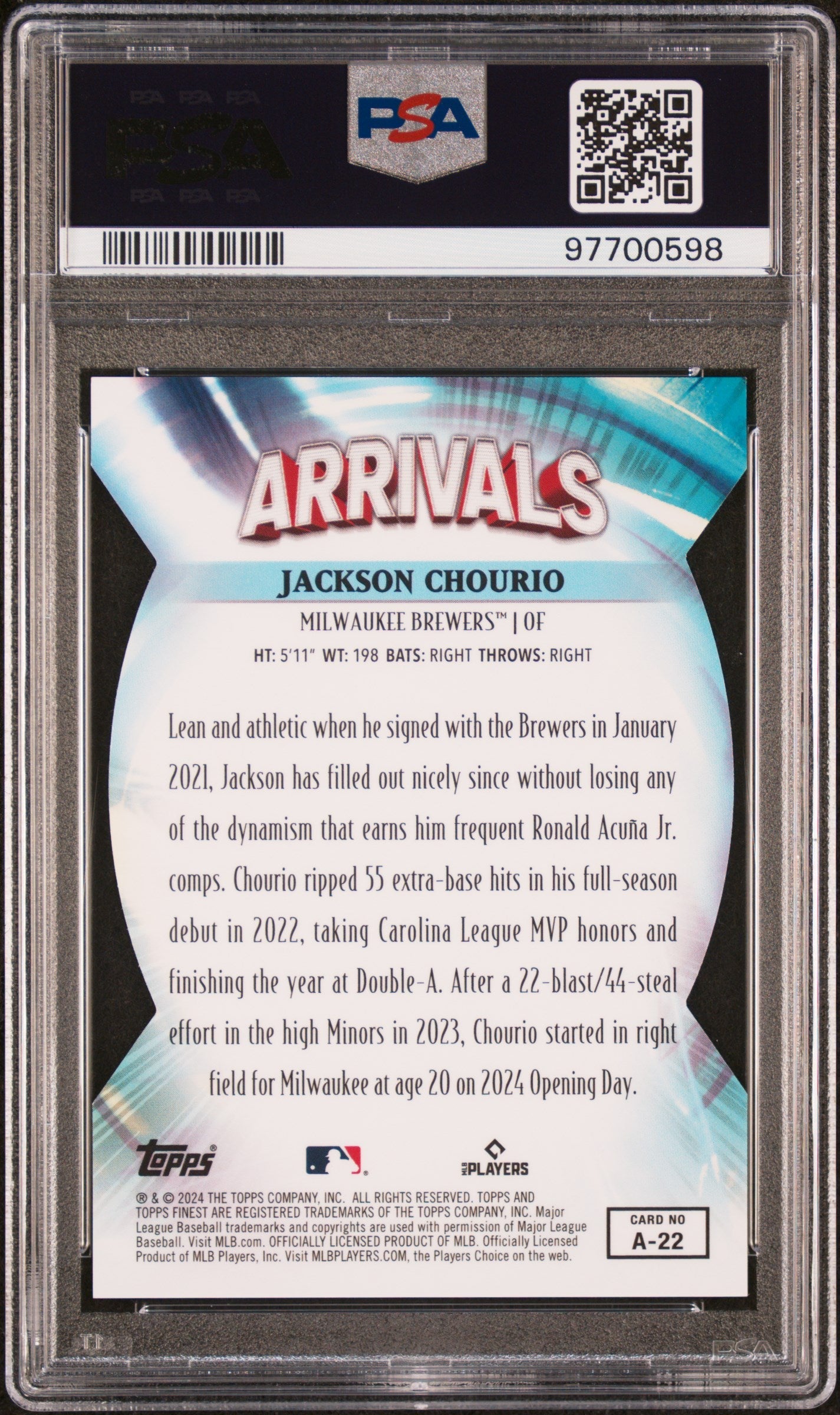 Graded 2024 Topps Finest Jackson Chourio #A22 Arrivals Blue Refractor #/99 Rookie RC Baseball Card PSA 10 Gem Mint