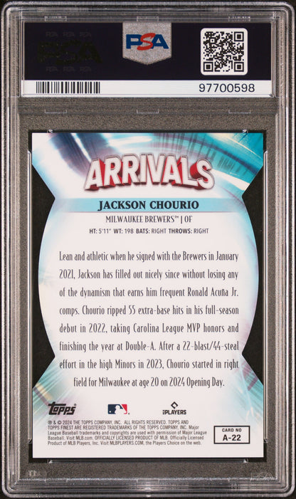 Graded 2024 Topps Finest Jackson Chourio #A22 Arrivals Blue Refractor #/99 Rookie RC Baseball Card PSA 10 Gem Mint