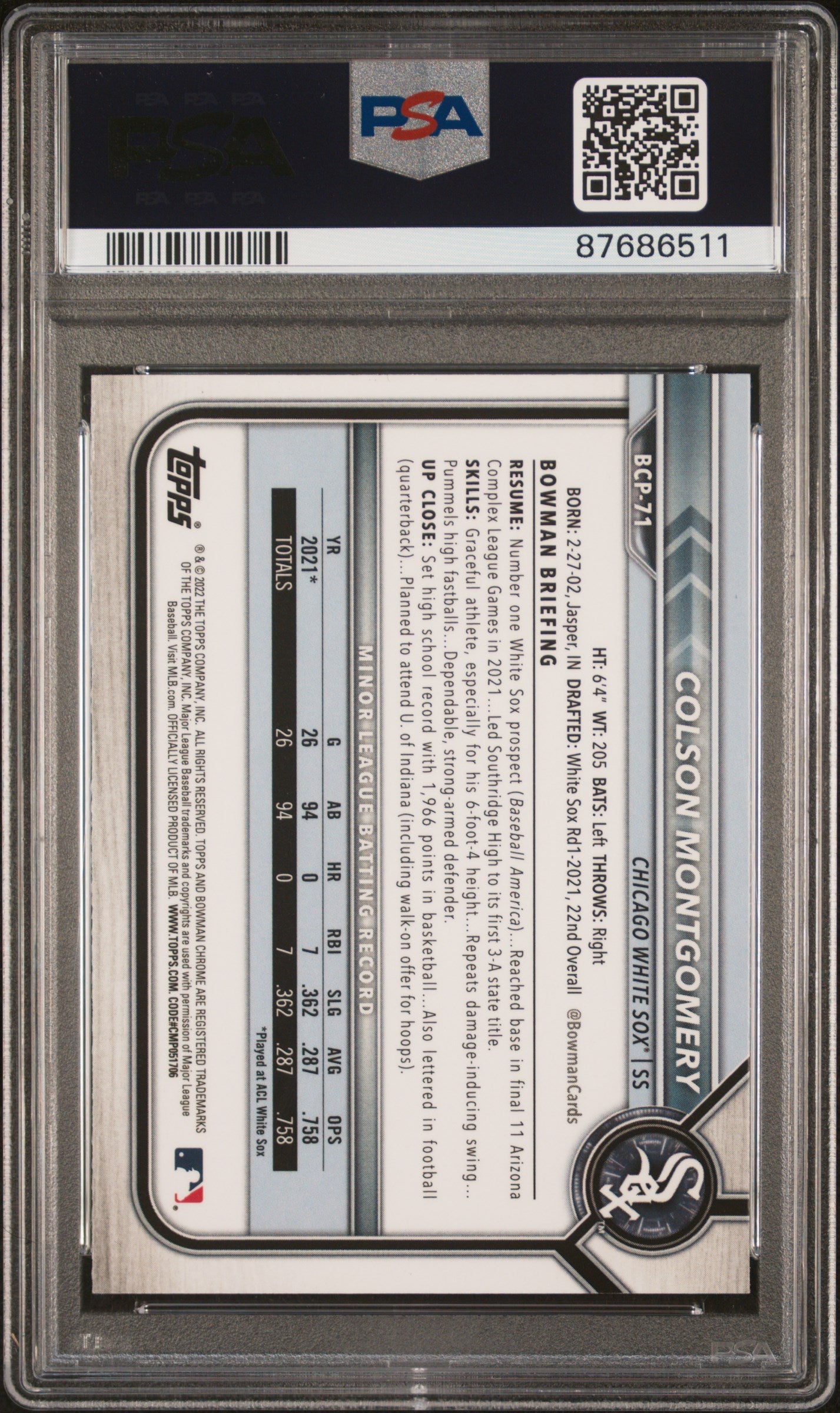 Graded 2022 Topps Bowman Colson Montgomery #BCP71 Chrome Prospects Rookie RC Baseball Card PSA 10 Gem Mint