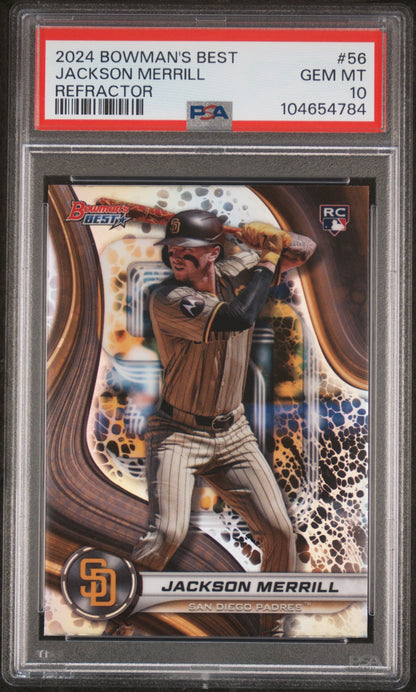 Graded 2024 Topps Bowmans Best Jackson Merrill #56 Refractor Rookie RC Baseball Card PSA 10 Gem Mint