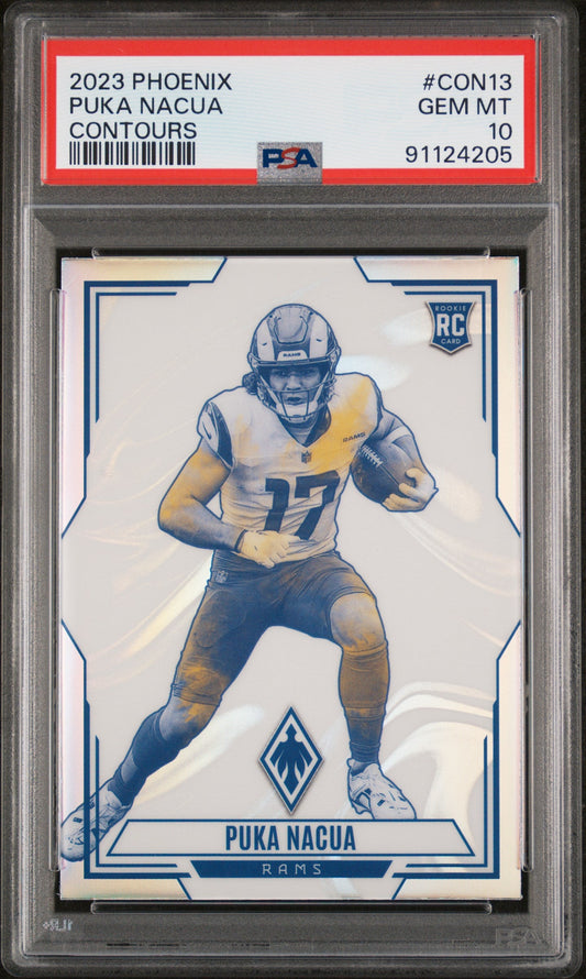 Graded 2023 Panini Phoenix Puka Nacua #CON13 Contours Rookie RC Football Card PSA 10 Gem Mint