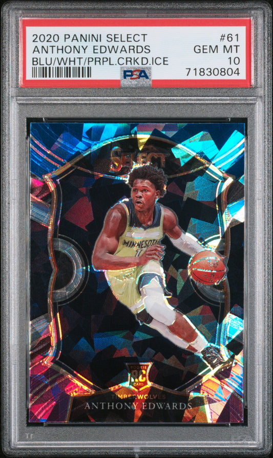 Graded 2020-21 Panini Select Anthony Edwards #61 Blue White Purple Cracked Ice Rookie RC Basketball Card PSA 10 Gem Mint