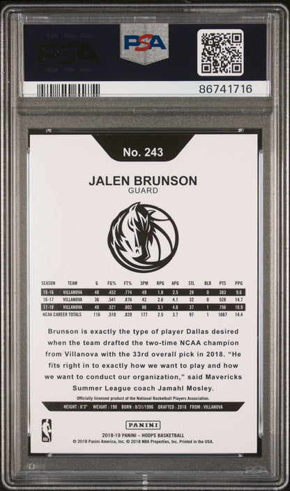 Graded 2018 Panini Hoops Jalen Brunson #243 Rookie RC Basketball Card PSA 10 Gem Mint