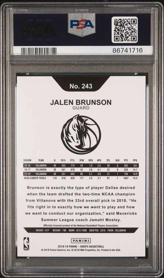 Graded 2018 Panini Hoops Jalen Brunson #243 Rookie RC Basketball Card PSA 10 Gem Mint