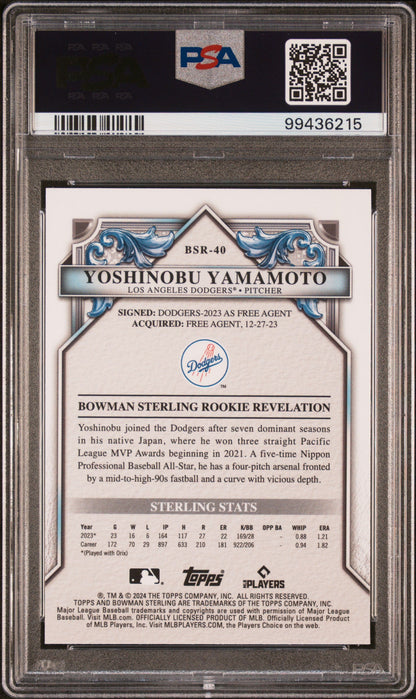Graded 2024 Topps Bowman Sterling Yoshinobu Yamamoto #BSR40 Rookies Sterling Silver Refractor #/100 Rookie RC Baseball Card PSA 10 Gem Mint