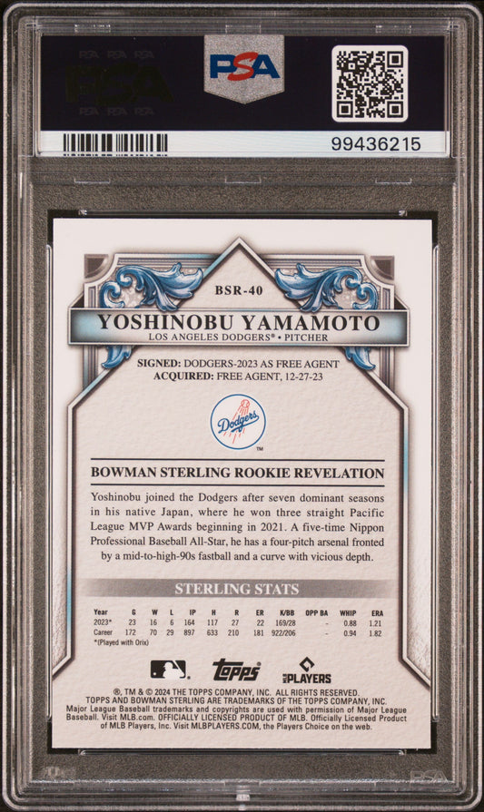 Graded 2024 Topps Bowman Sterling Yoshinobu Yamamoto #BSR40 Rookies Sterling Silver Refractor #/100 Rookie RC Baseball Card PSA 10 Gem Mint