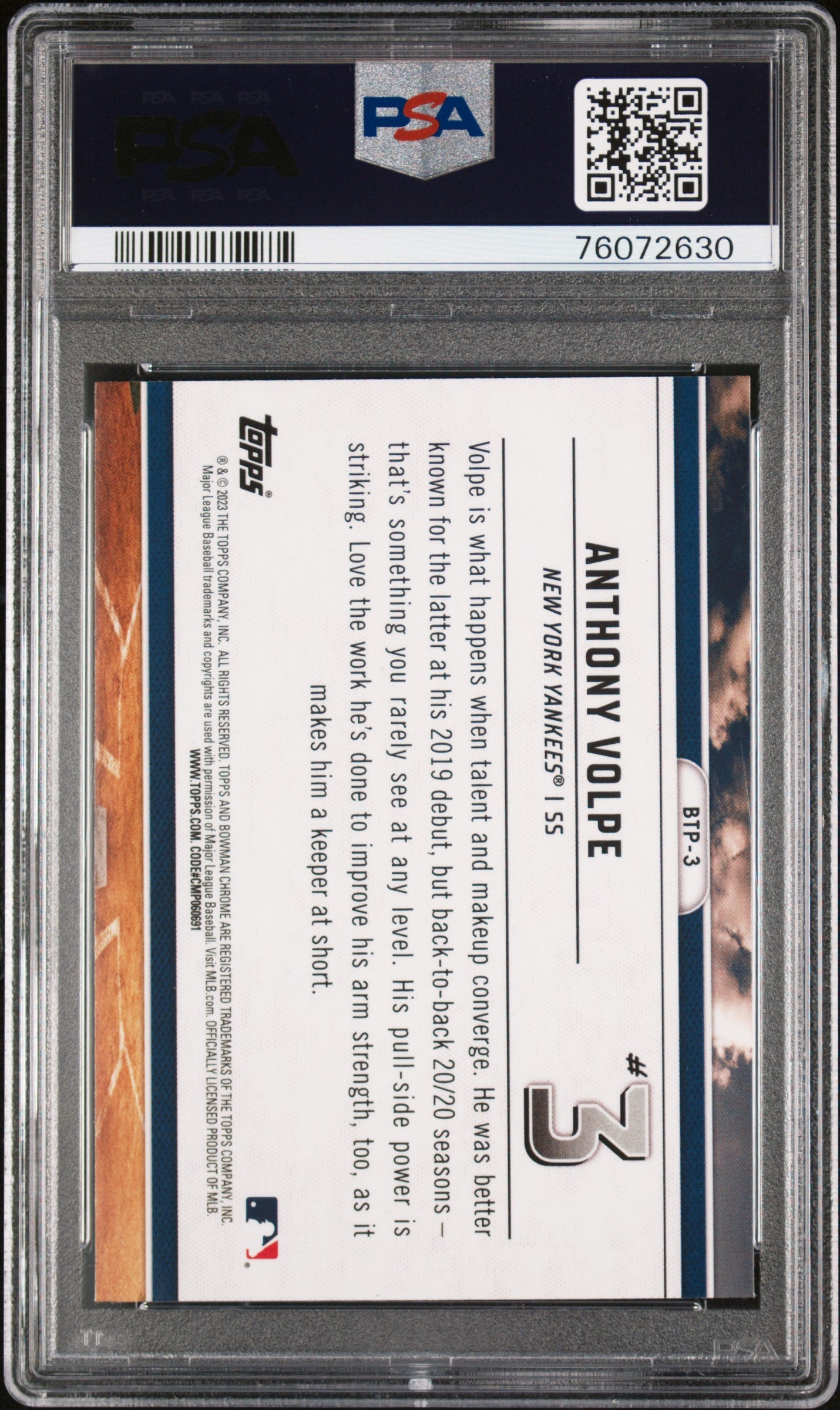 Graded 2023 Topps Bowman Anthony Volpe #BTP3 Scouts Top 100 Rookie RC Baseball Card PSA 10 Gem Mint