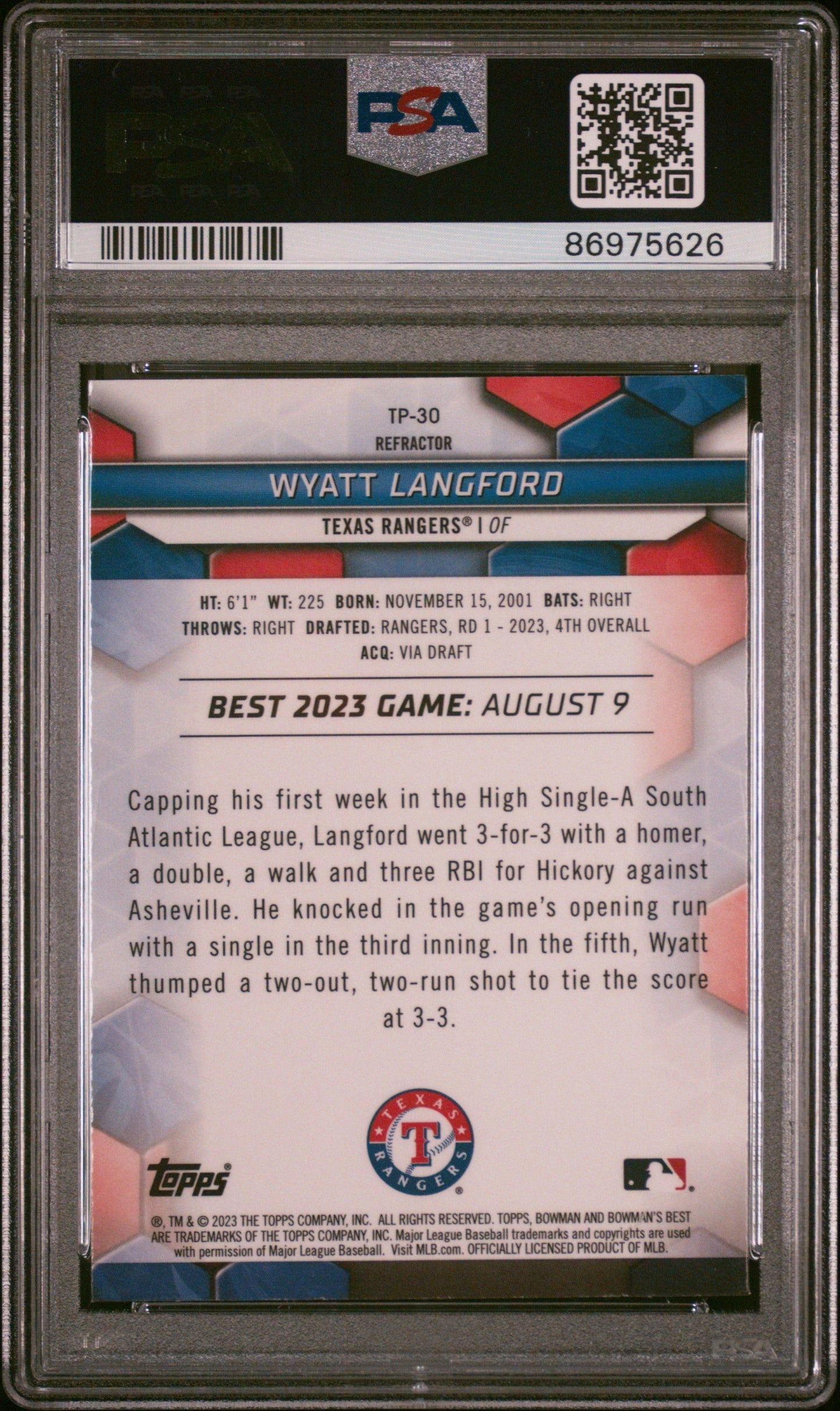 Graded 2023 Topps Bowmans Best Wyatt Langford #TP30 Top Prospects Refractor Rookie RC Baseball Card PSA 10 Gem Mint