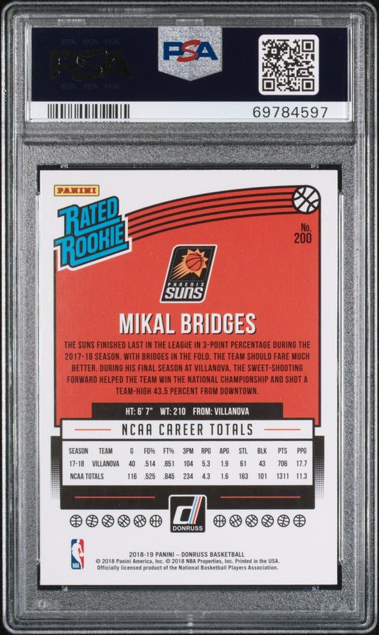 Graded 2018 Panini Donruss Mikal Bridges #200 Rookie RC Basketball Card PSA 10 Gem Mint