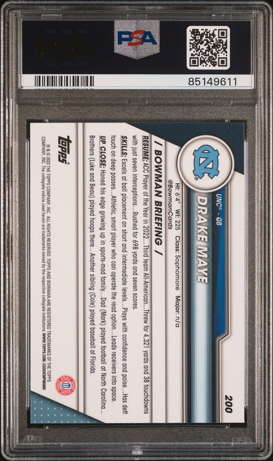 Graded 2023 Topps Bowman U Chrome Drake Maye #200 Pink Rookie RC Football Card PSA 10 Gem Mint
