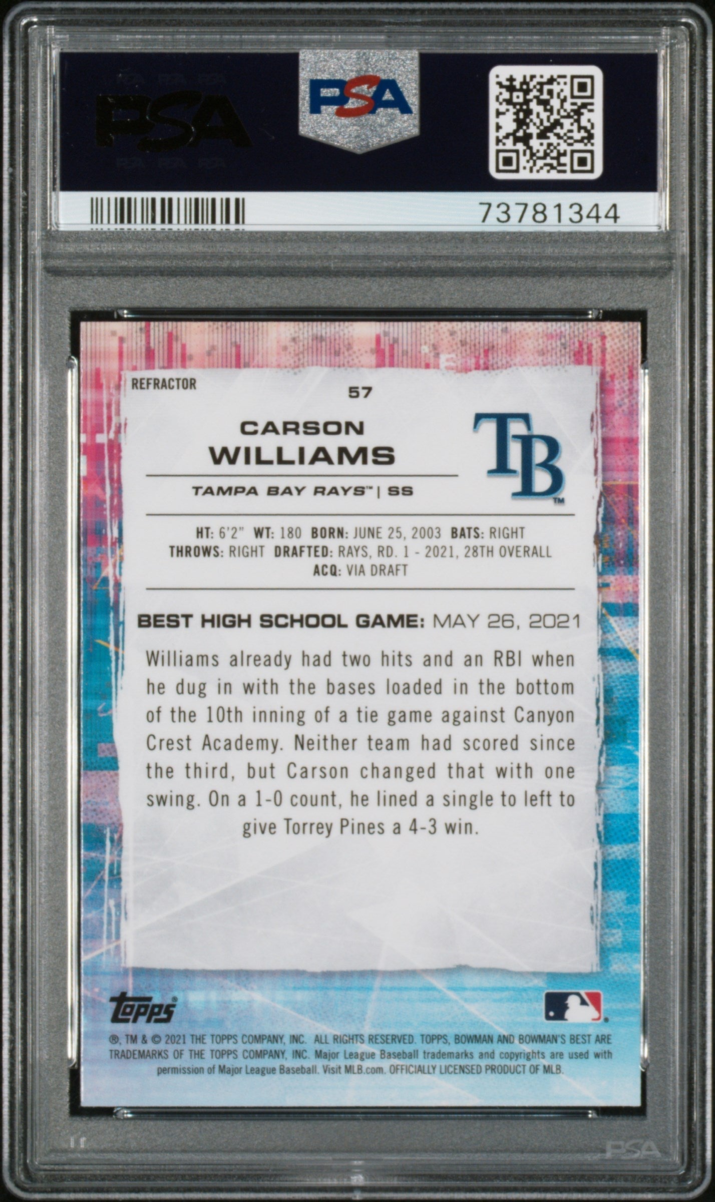 Graded 2021 Topps Bowmans Best Carson Williams #57 Refractor Rookie RC Baseball Card PSA 10 Gem Mint