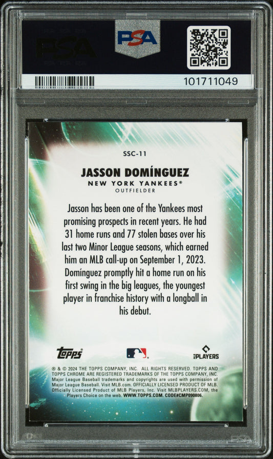 Graded 2024 Topps Chrome Update Jasson Dominguez #11 Stratospheric Stars Rookie RC Baseball Card PSA 10 Gem Mint