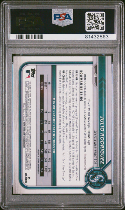 Graded 2022 Topps Bowman Chrome Julio Rodriguez #48 Rookie RC Baseball Card PSA 10 Gem Mint