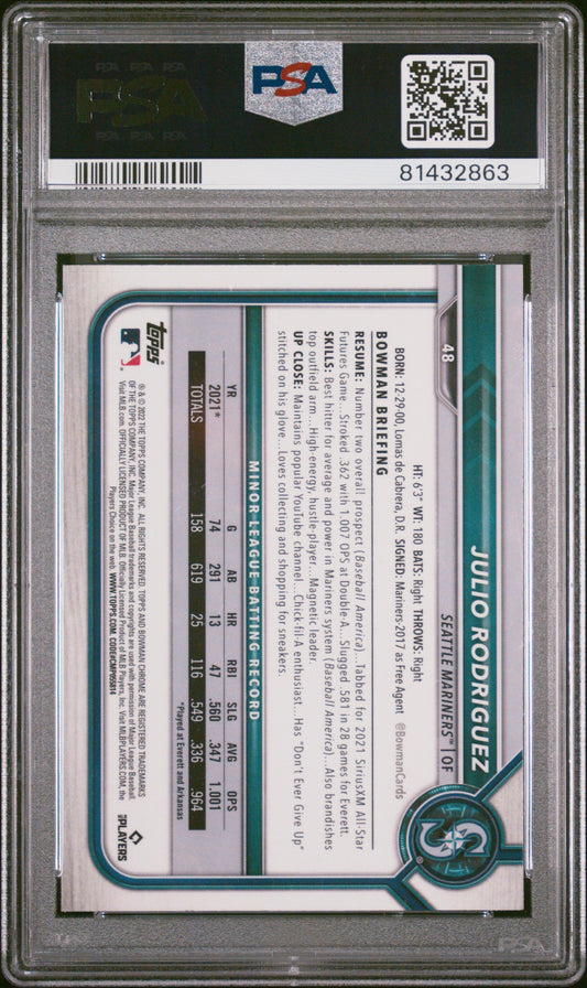Graded 2022 Topps Bowman Chrome Julio Rodriguez #48 Rookie RC Baseball Card PSA 10 Gem Mint