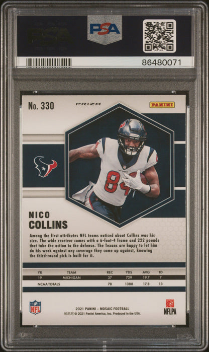 Graded 2021 Panini Mosaic Nico Collins #330 Reactive Blue Rookie RC Football Card PSA 10 Gem Mint
