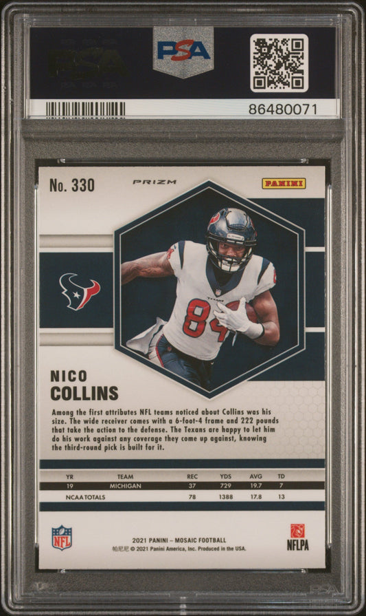 Graded 2021 Panini Mosaic Nico Collins #330 Reactive Blue Rookie RC Football Card PSA 10 Gem Mint