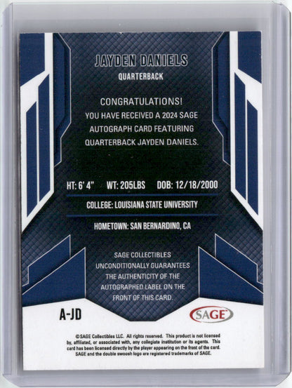 2024 Sage Jayden Daniels #A-JD Autograph Rookie RC Football Card