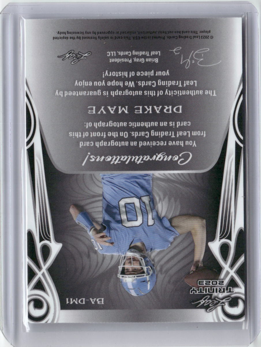 2023 Leaf Trinity Drake Maye #BA-DM1 Autographed #/99 Rookie RC Football Card