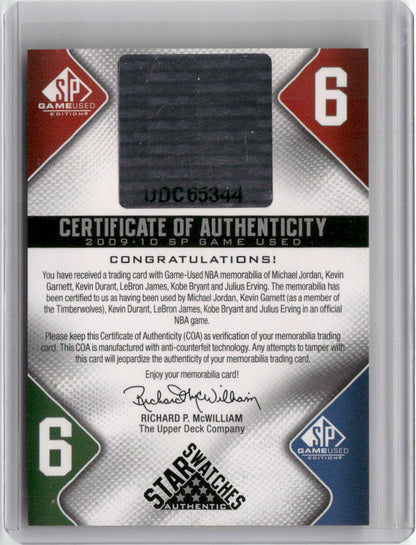 2009 NBA SP Game Used Star Swatches Jordan LeBron Kobe Durant Erving Garnett /65 Game Used Jersey Relic Basketball Card