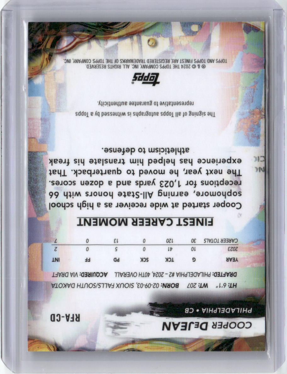 2024 Topps Finest Blue Refractor Cooper DeJean #RFA-CD /99 Auto Rookie RC Football Card