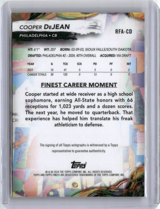 2024 Topps Finest Blue Refractor Cooper DeJean #RFA-CD /99 Auto Rookie RC Football Card