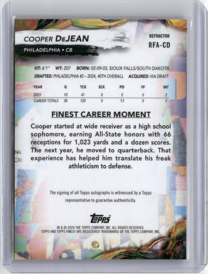 2024 Topps Finest Refractor Cooper DeJean #RFA-CD Auto Rookie RC Football Card