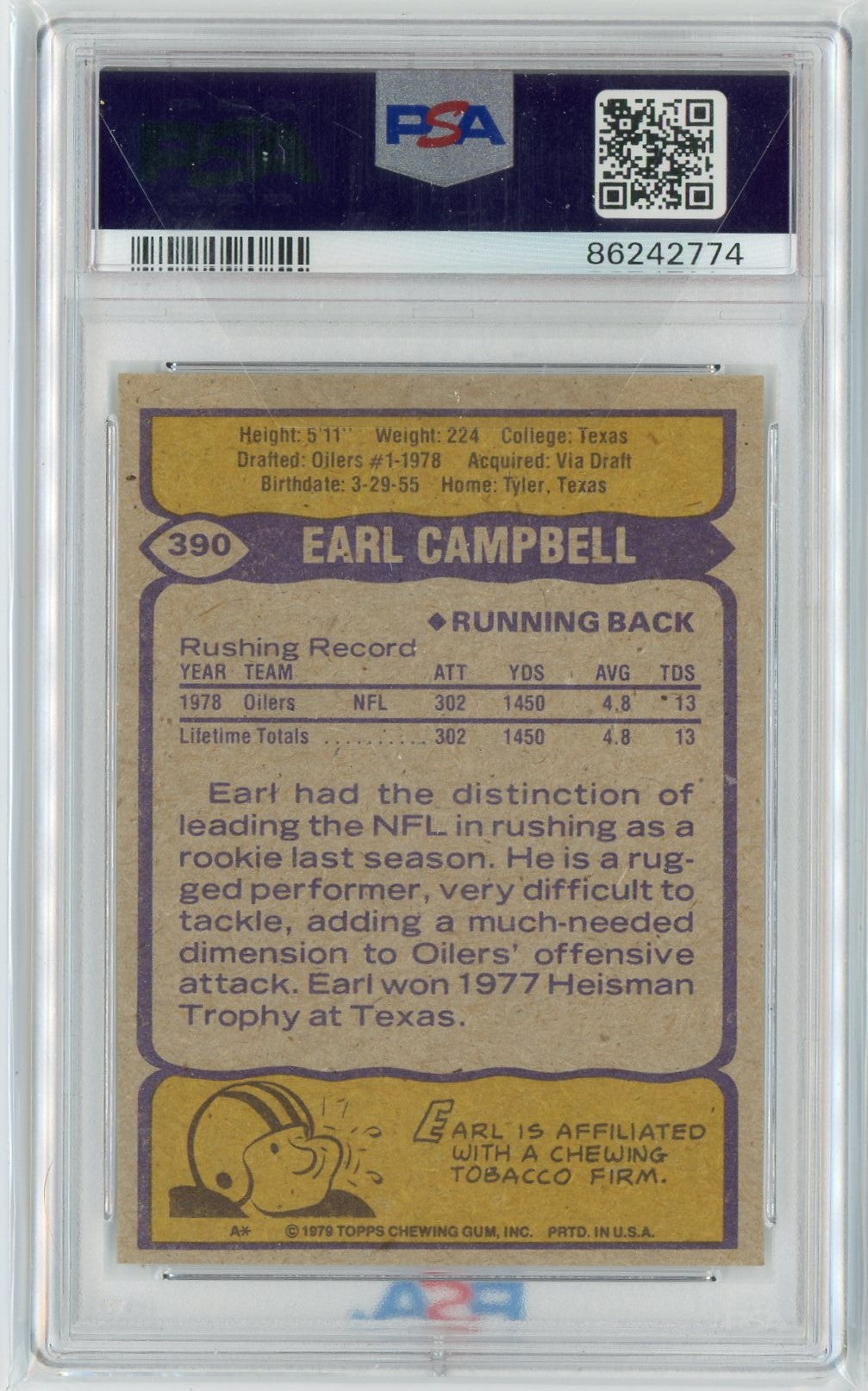 Graded 1979 Topps Earl Campbell #390 Rookie RC Football Card PSA 6 EX-MT