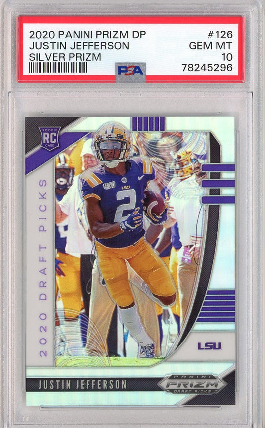 Graded 2020 Panini Draft Picks Justin Jefferson #126 Silver Prizm Rookie RC Football Card PSA 10 Gem Mint
