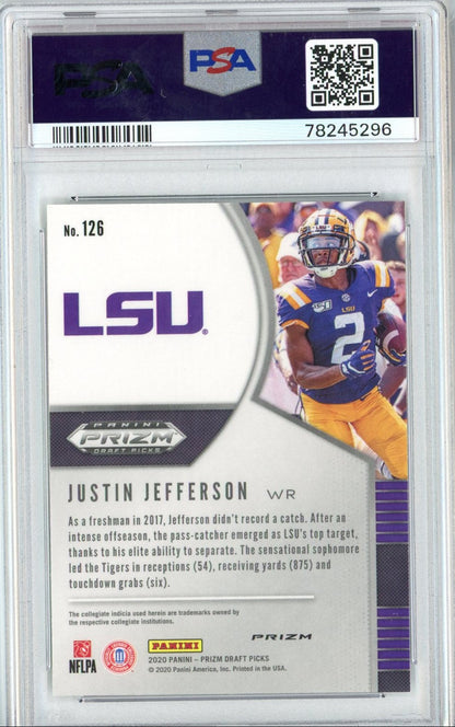 Graded 2020 Panini Draft Picks Justin Jefferson #126 Silver Prizm Rookie RC Football Card PSA 10 Gem Mint