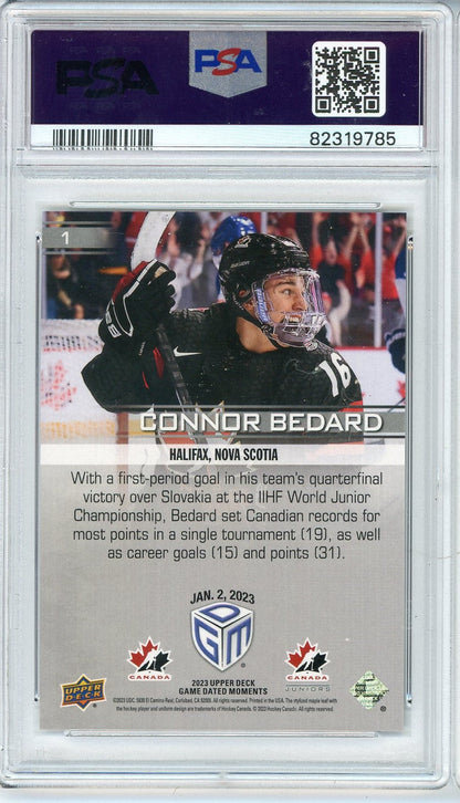 Graded 2023 Upper Deck Connor Bedard #1 Game Dated Moments Rookie RC Hockey Card PSA 10 Gem Mint