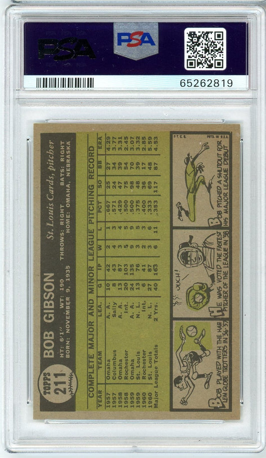 Graded 1961 Topps Bob Gibson #211 Baseball Card PSA 6 Excellent-Mint