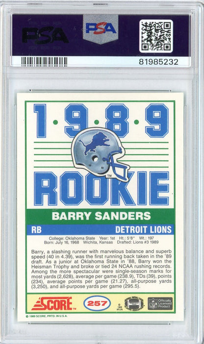 Graded 1989 Score Barry Sanders #257 Rookie RC Football Card PSA 9 Mint