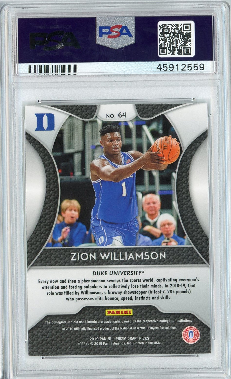 Graded 2019 Panini Prizm Draft Picks DP Zion Williamson #64 Rookie RC Basketball Card PSA 9 MINT