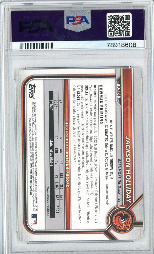 Graded 2022 Topps Bowman Draft Jackson Holliday #BD168 Rookie RC Baseball Card PSA 10 Gem Mint
