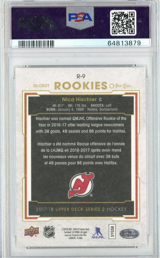 Graded 2017 UD O-Pee-Chee Update Nico Hischier #R-9 Glossy Rookies RC Hockey Card PSA 10 Gem Mint