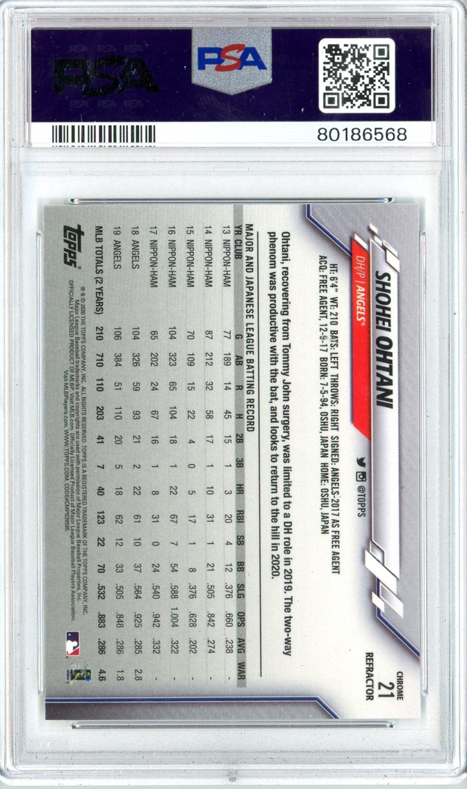 Graded 2020 Topps Chrome Shohei Ohtani #21 Sepia Refractor Baseball Card PSA 10 Gem Mint