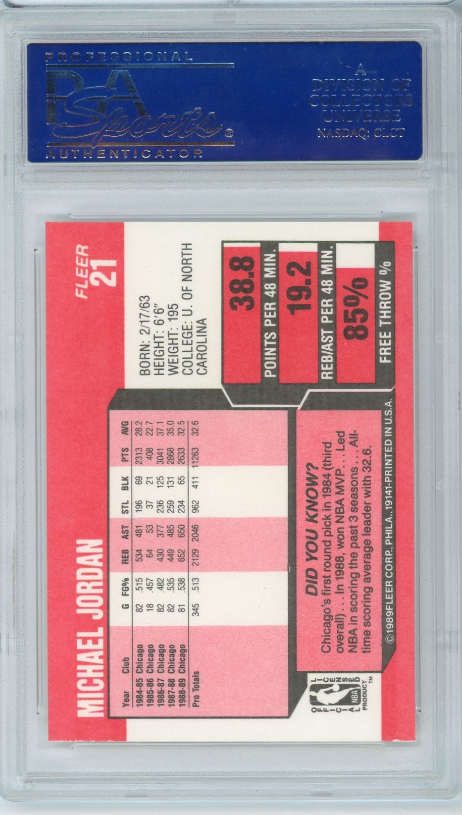 Graded 1989 Fleer Michael Jordan #21 Basketball Card PSA 9 Mint