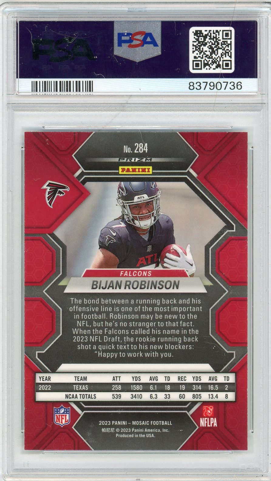 Graded 2023 Panini Mosaic Bijan Robinson #284 Mosaic Rookie RC Football Card PSA 10 Gem Mint