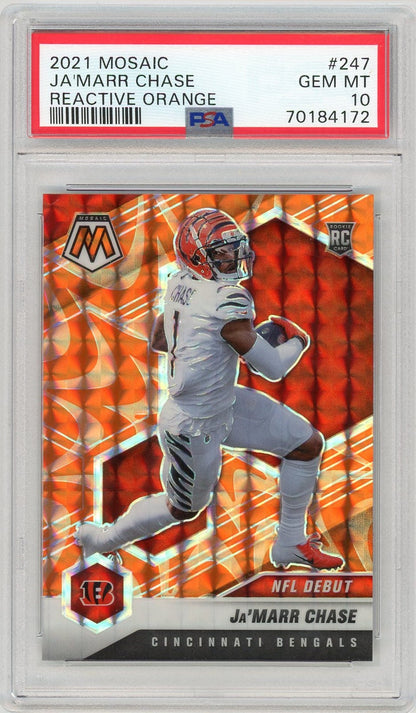 Graded 2021 Panini Mosaic Ja'Marr Chase #247 Reactive Orange Rookie RC Football Card PSA 10 Gem Mint