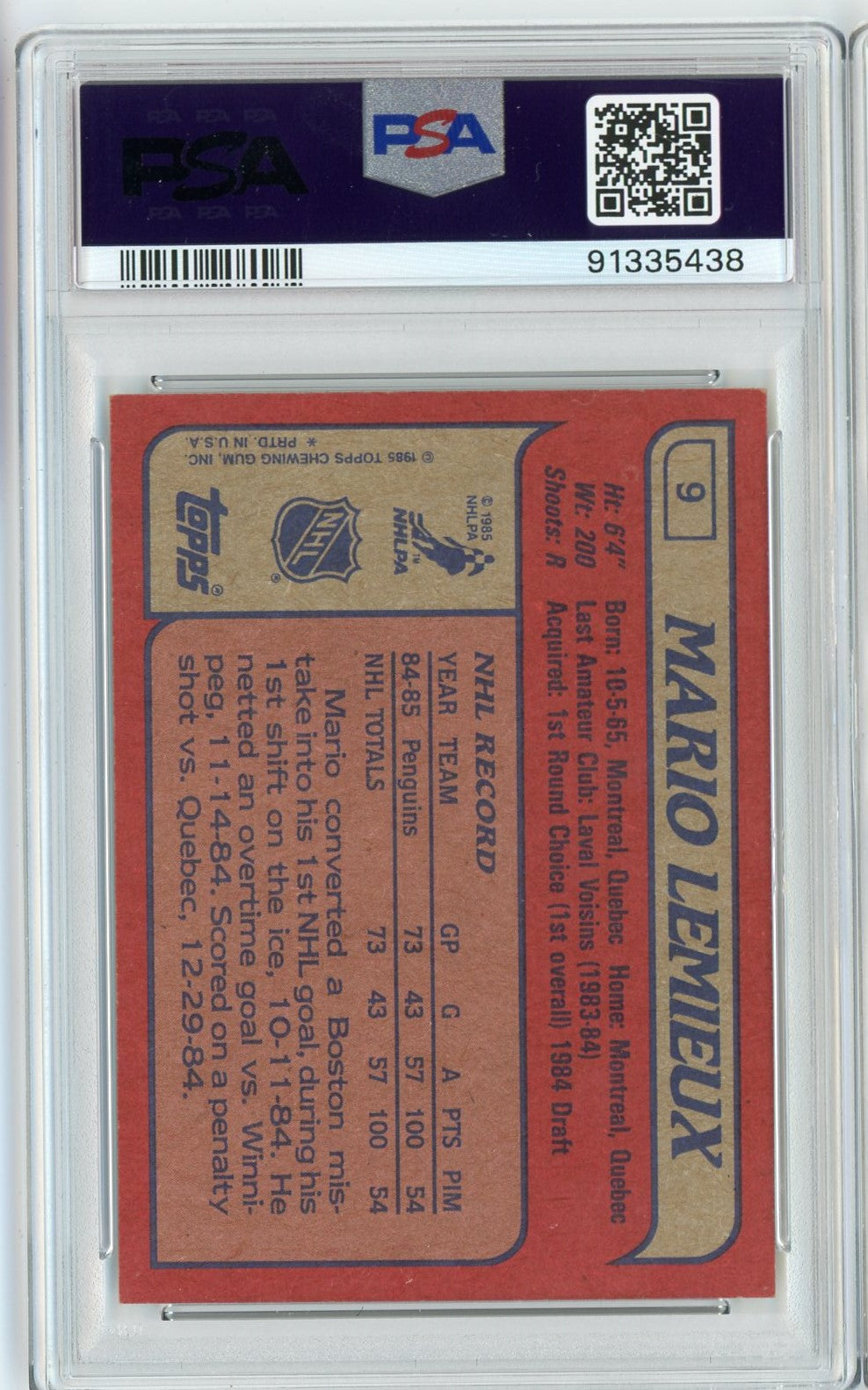 Graded 1985 Topps Mario Lemieux #9 Rookie RC Hockey Card PSA 6 EX-MT
